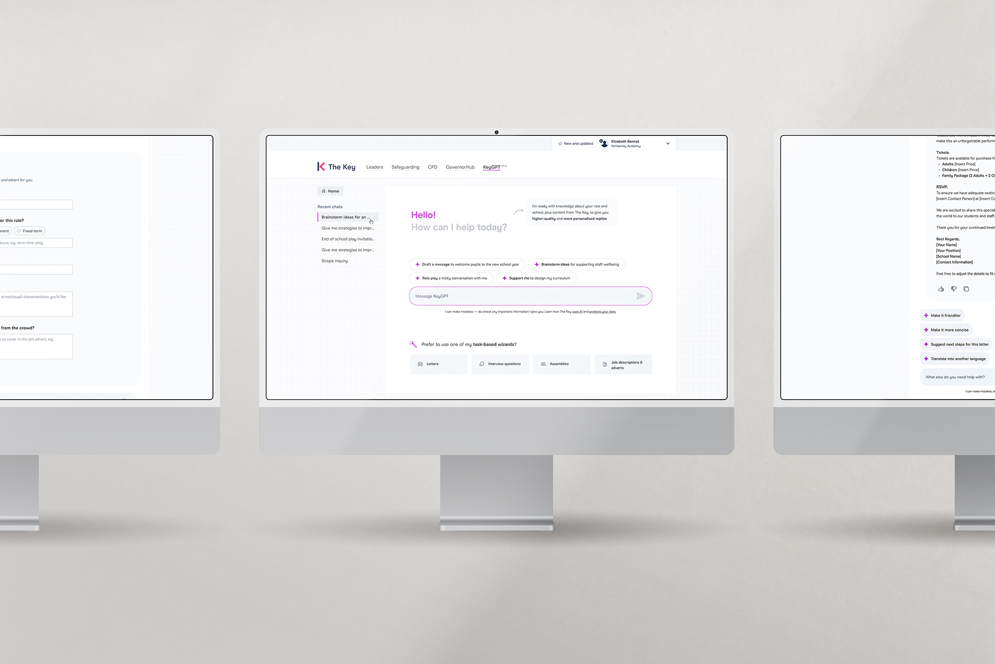 Some of the main screens for desktop